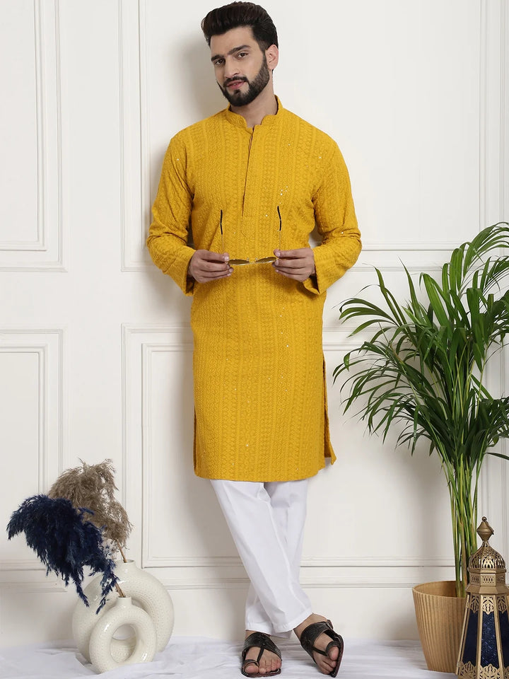 Men's Yellow Chikankari Embroidered & Sequence Kurta Pant Set