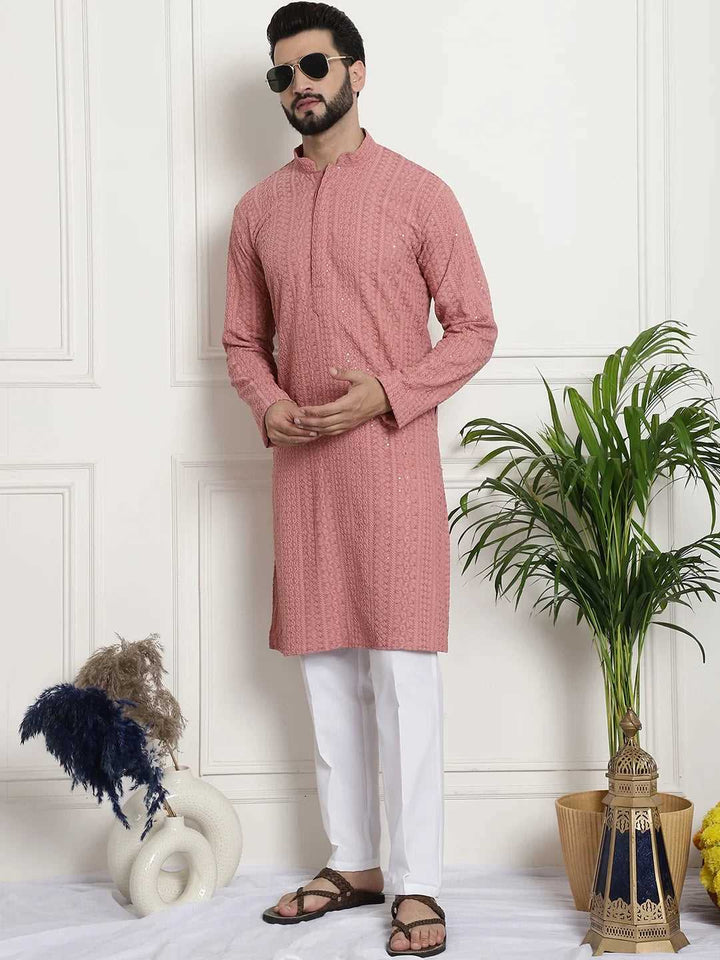 Men's Mauve Chikankari Embroidered & Sequence Kurta Pant Set