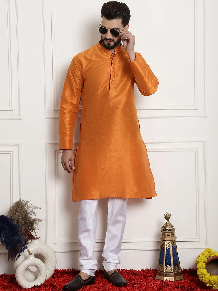 Tangerine Elegance Solid Plain Embroidered Kurta Pyjama Set for Men – Radiate Style in Captivating Orange Hues