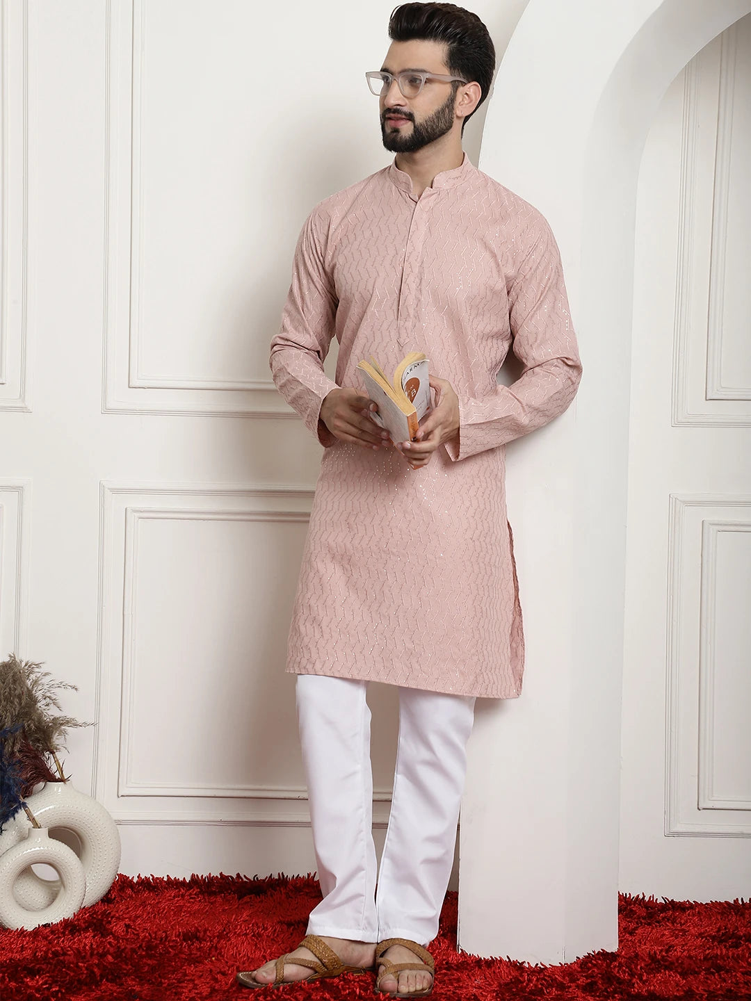 Peach Cotton Chikankari Sequence Kurta with White Pajama Set for Men