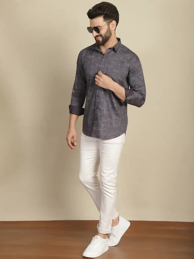 Grey Pure Cotton Printed Partywear Shirt for Men