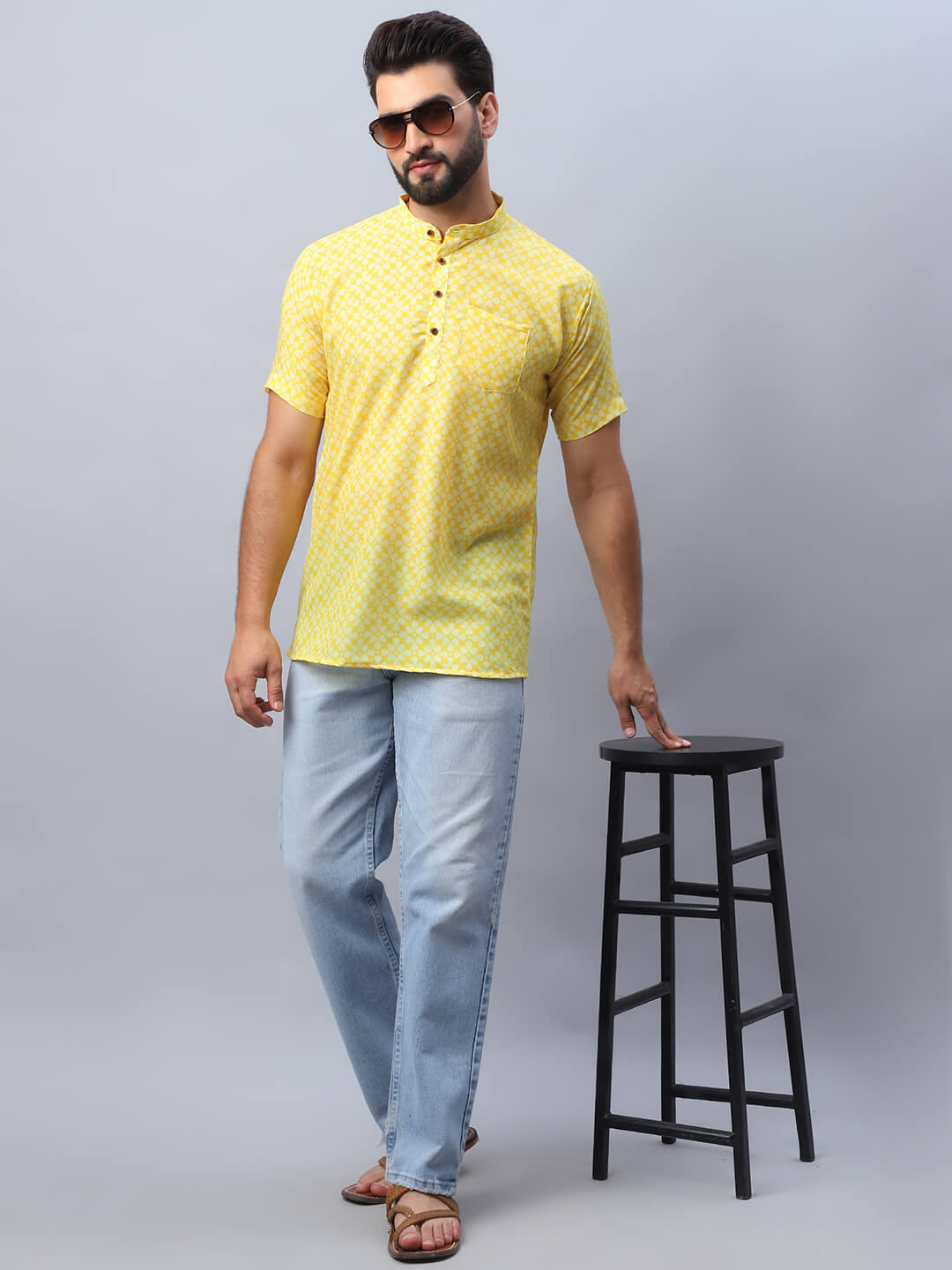 Yellow Floral Print Short Kurta for Men