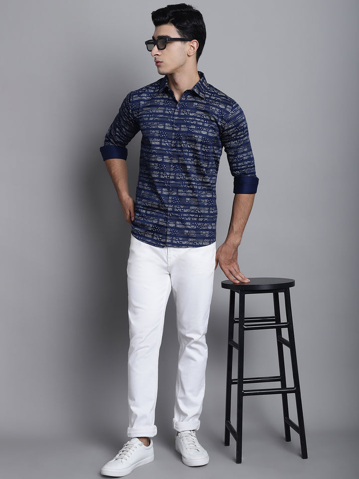 Understated Luxury Dive into Style with Our Dark Blue Printed Shirts for Men