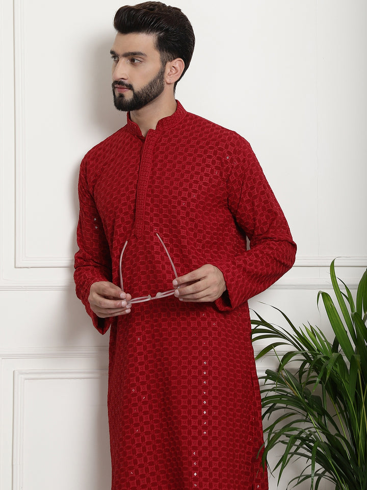 Men's Red Floral Embroidered Thread Work Sequinned Pure Cotton Kurta Pant Set