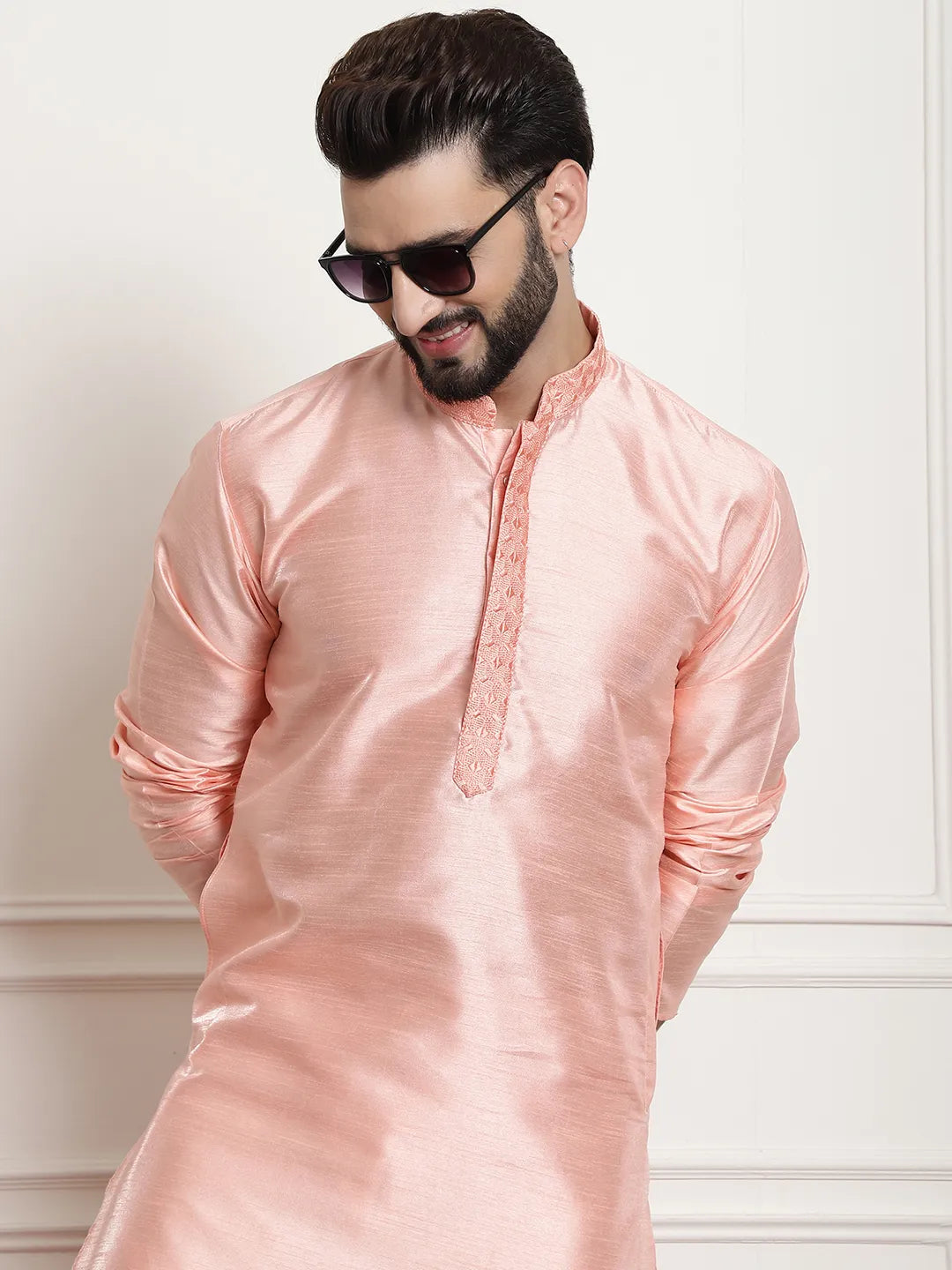 Peach Perfection Solid Plain Embroidered Kurta Pajama Set for Men – Effortless Elegance for Every Occasion