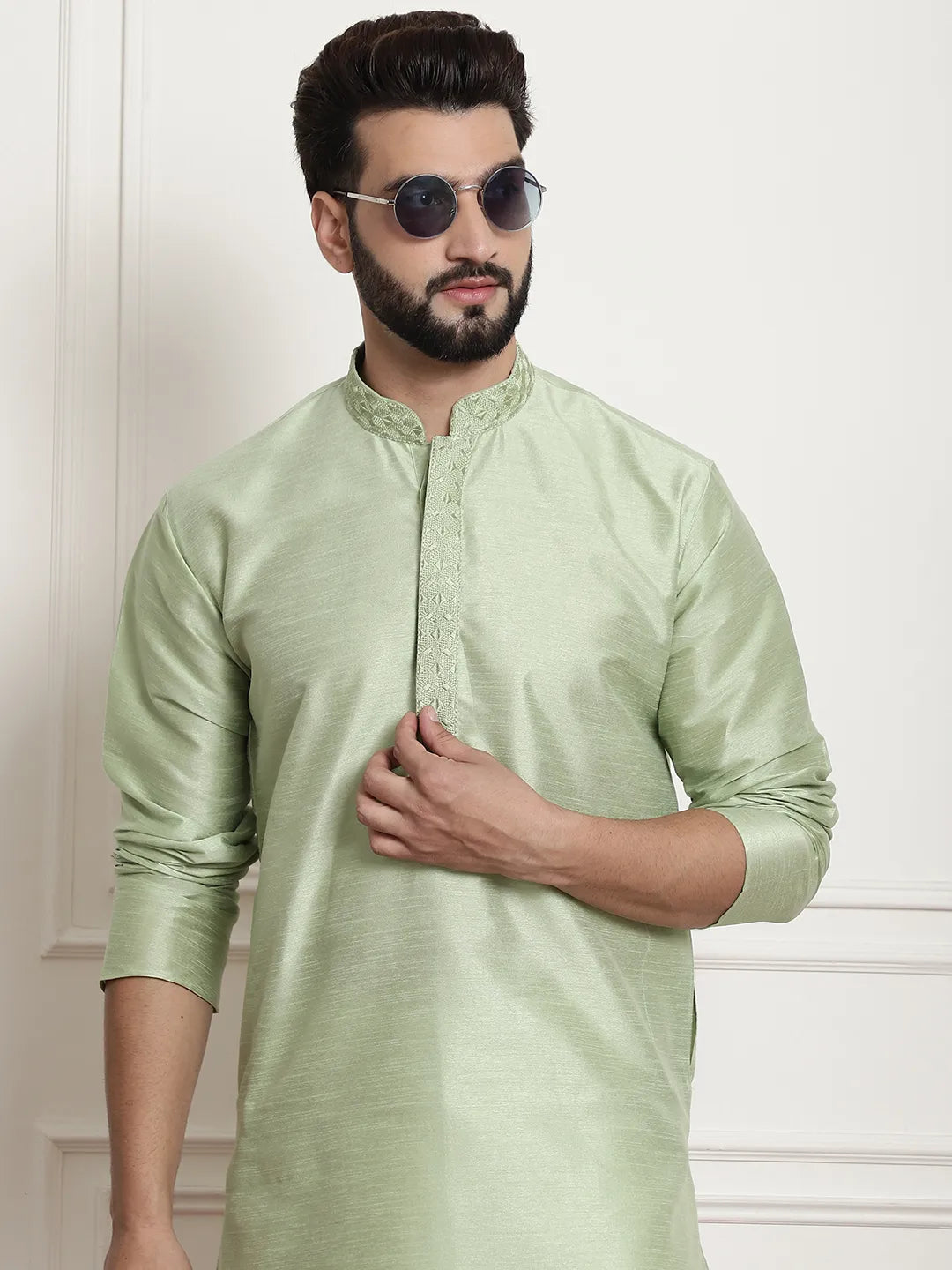 Solid Plain Embroidered Kurta Pyjama Set for Men – A Sartorial Symphony in Sublime Green