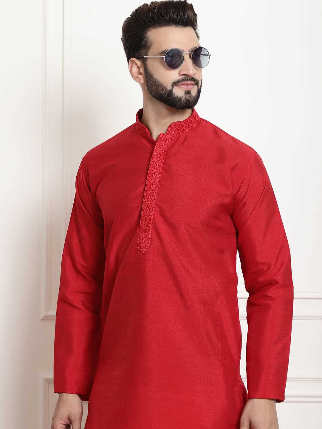 Crimson Classic Solid Plain Embroidered Kurta Pyjama Set for Men