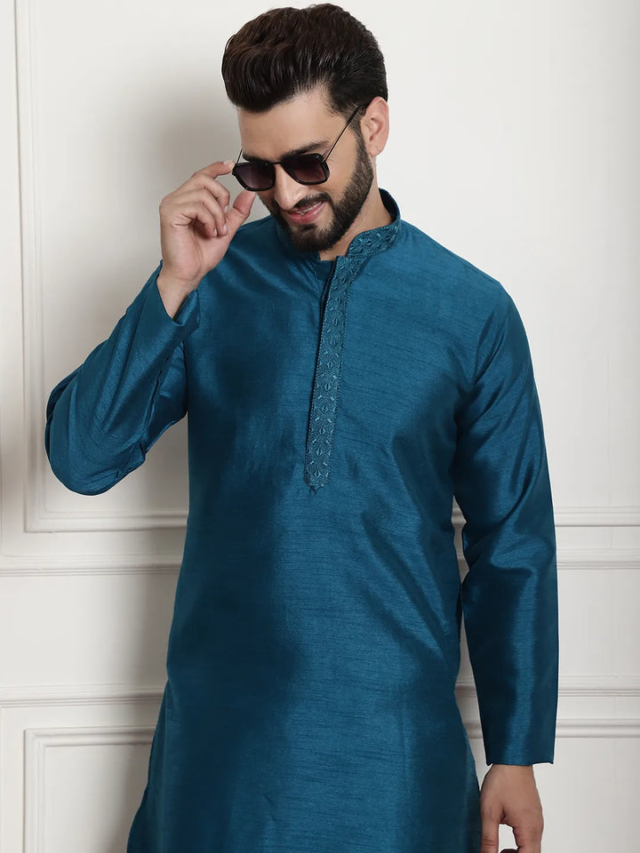 Peacock Splendor Solid Plain Embroidered Kurta Pyjama Set for Men in Stunning Peacock Blue – Timeless Elegance and Modern Sophistication