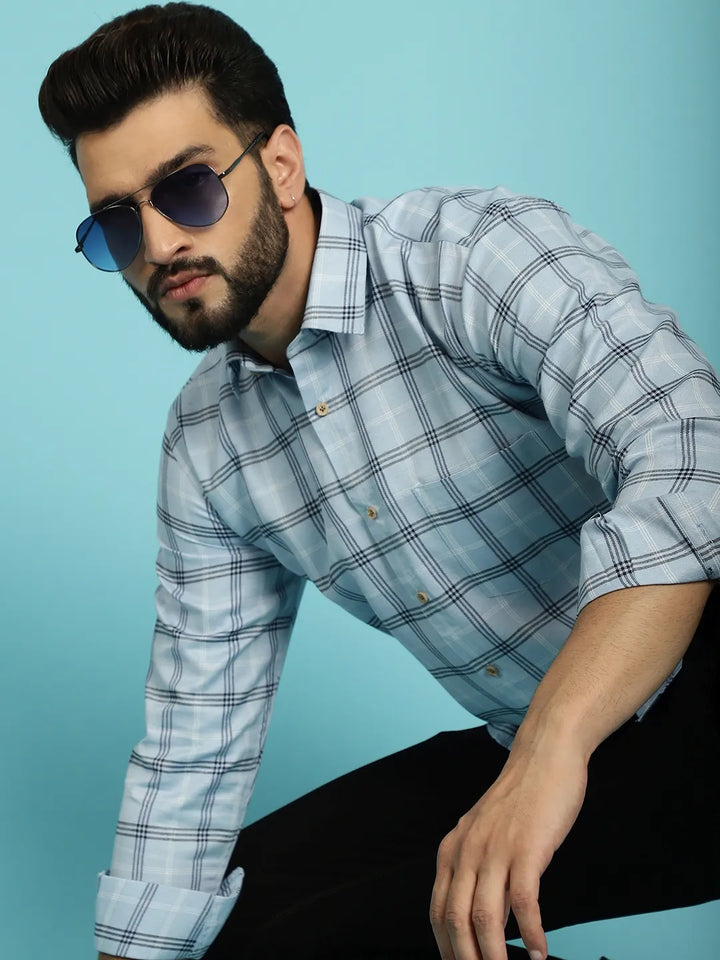 Sky Blue Sophistication Check Cotton Shirt for Men – Elevate Your Style with Timeless Charm