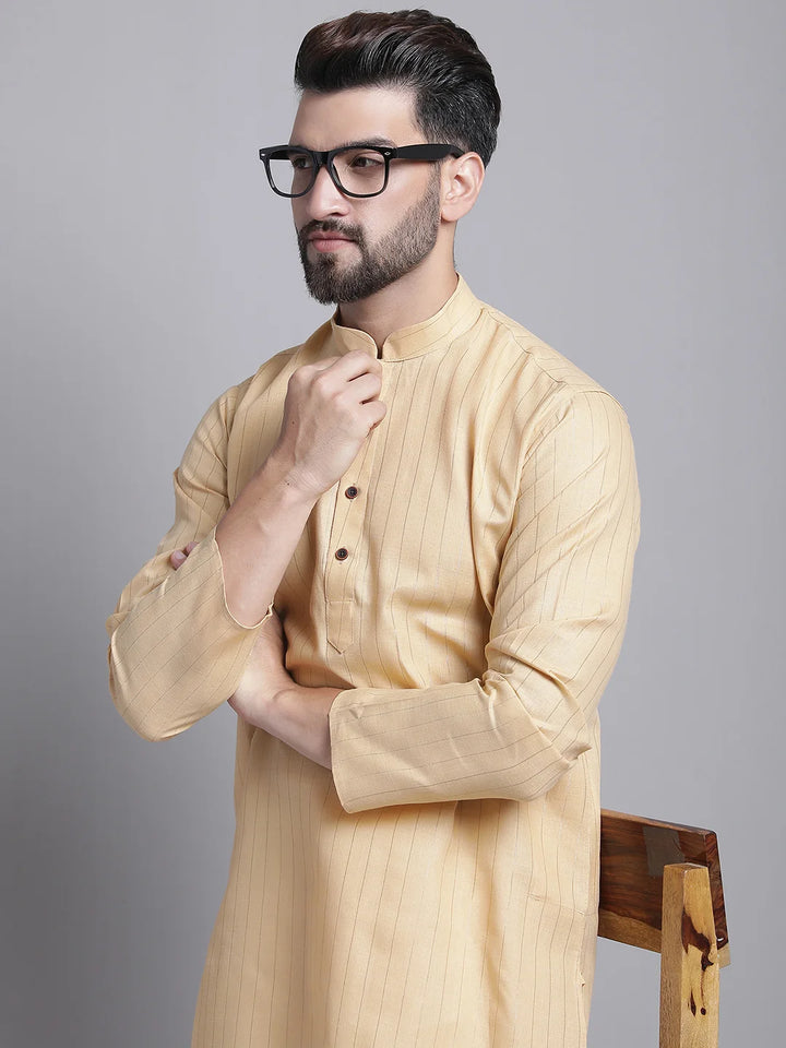 Men's Lining Cotton Regular Beige Kurta With Pyjamas.