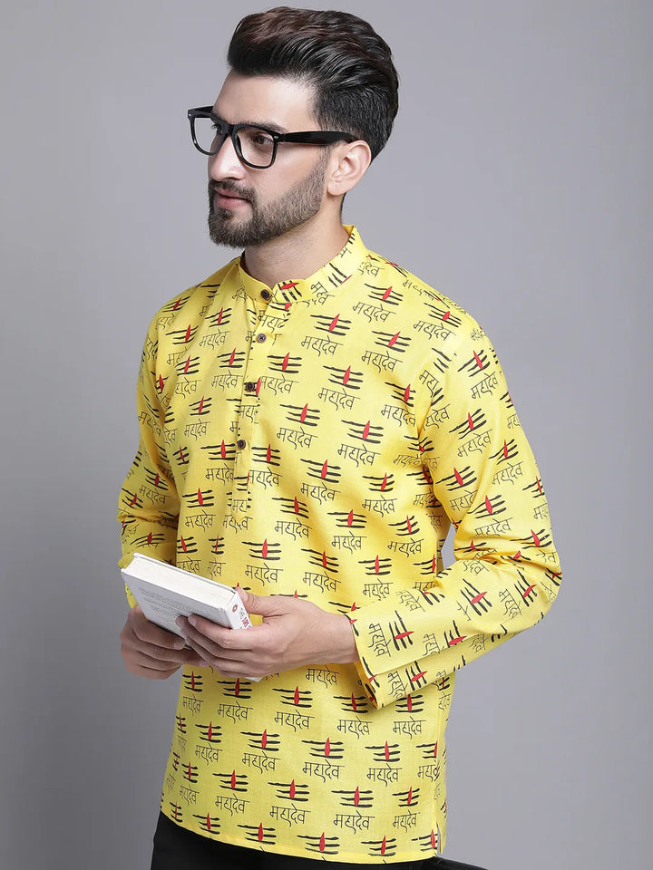 Yellow Mahadev Design Short Kurta for Men