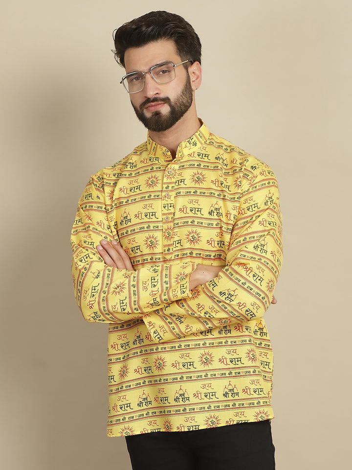 Yellow Jai Shree Ram Short Kurta for Men