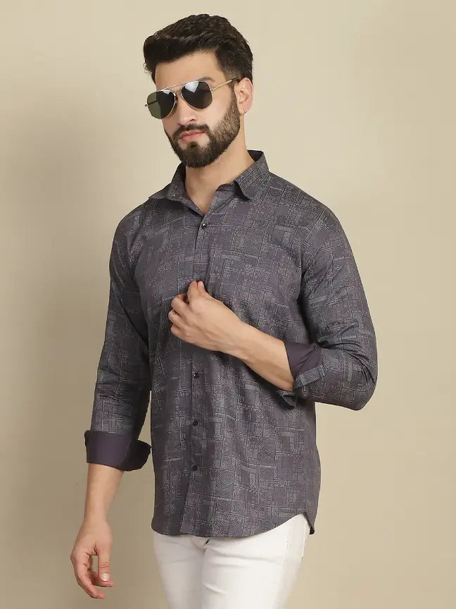 Grey Pure Cotton Printed Partywear Shirt for Men