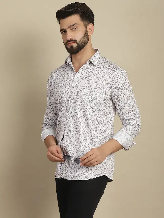 Satin Cream Pure Cotton Abstract Printed Casual Shirt for Men