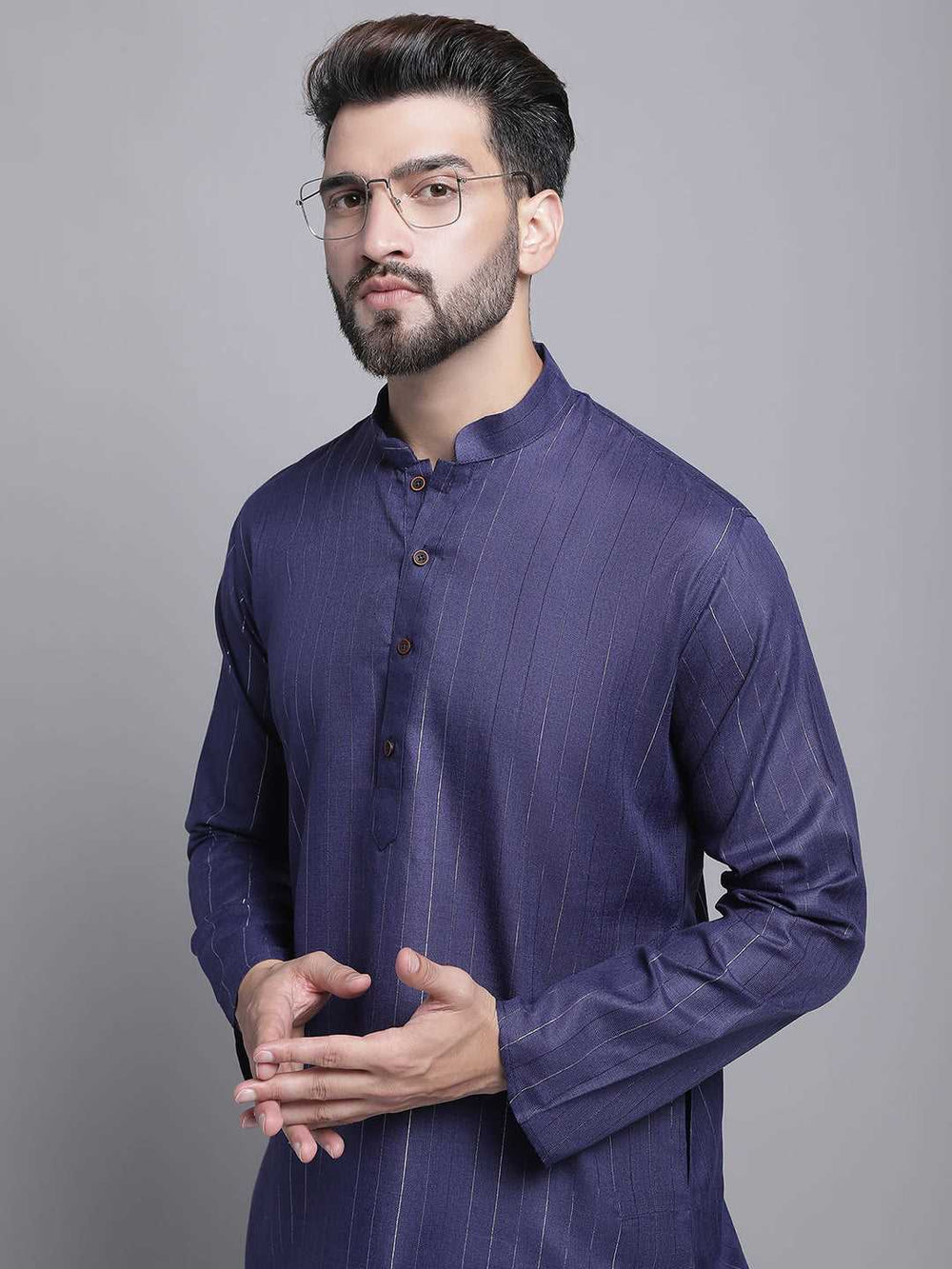 Men's Lining Cotton Regular Navy Blue Kurta With Pajamas.