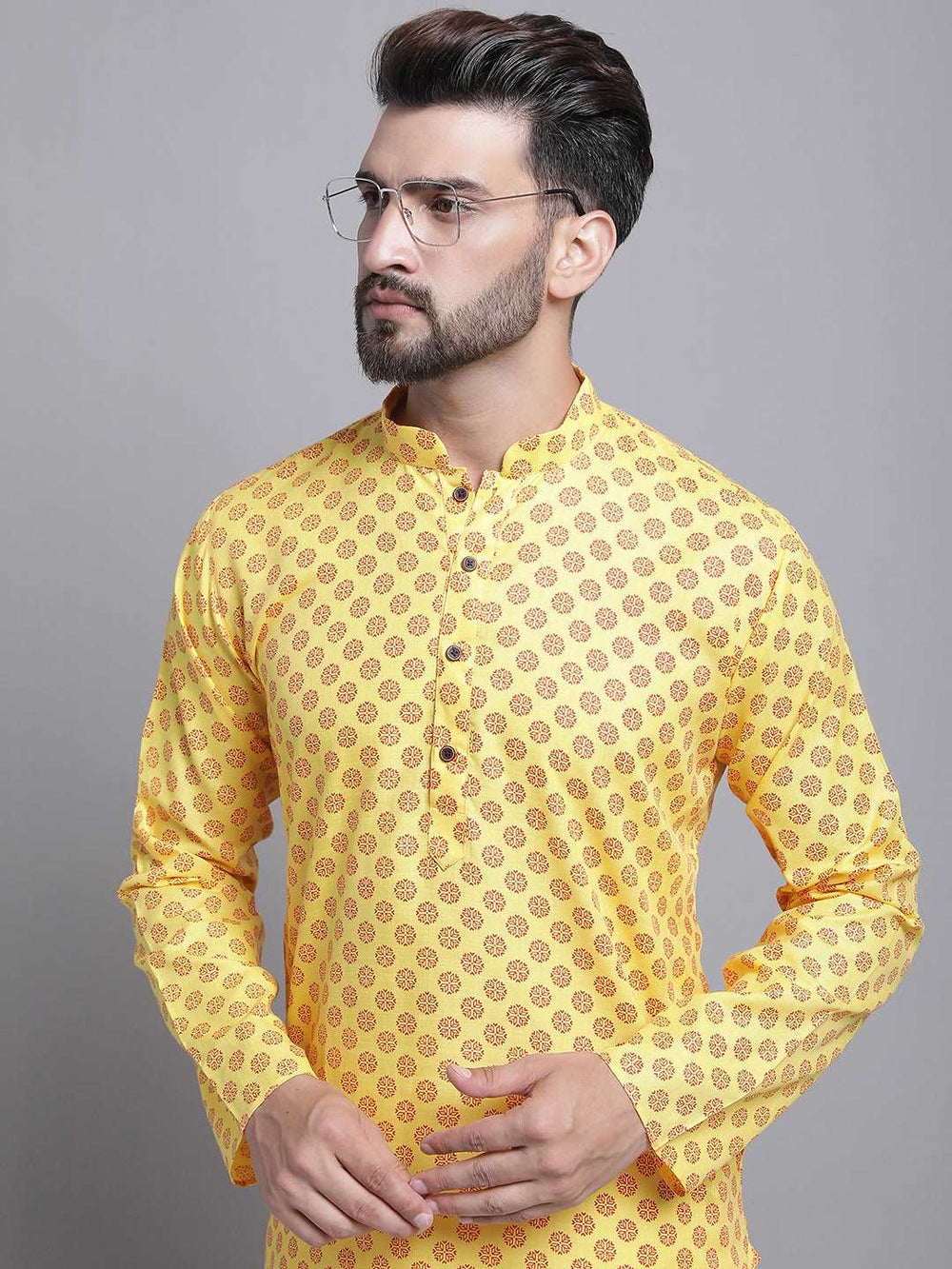 Men's Cotton Blend Regular Yellow Kurta With Pyjama.