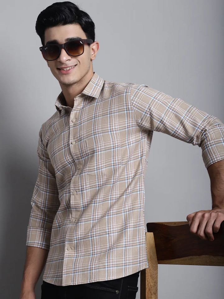 Understated Elegance Men's Beige Check Cotton Shirt – A Blend of Classic Style and Comfort