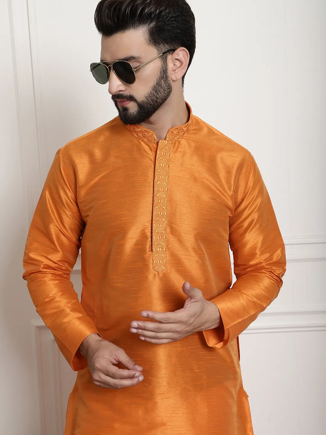 Tangerine Elegance Solid Plain Embroidered Kurta Pyjama Set for Men – Radiate Style in Captivating Orange Hues