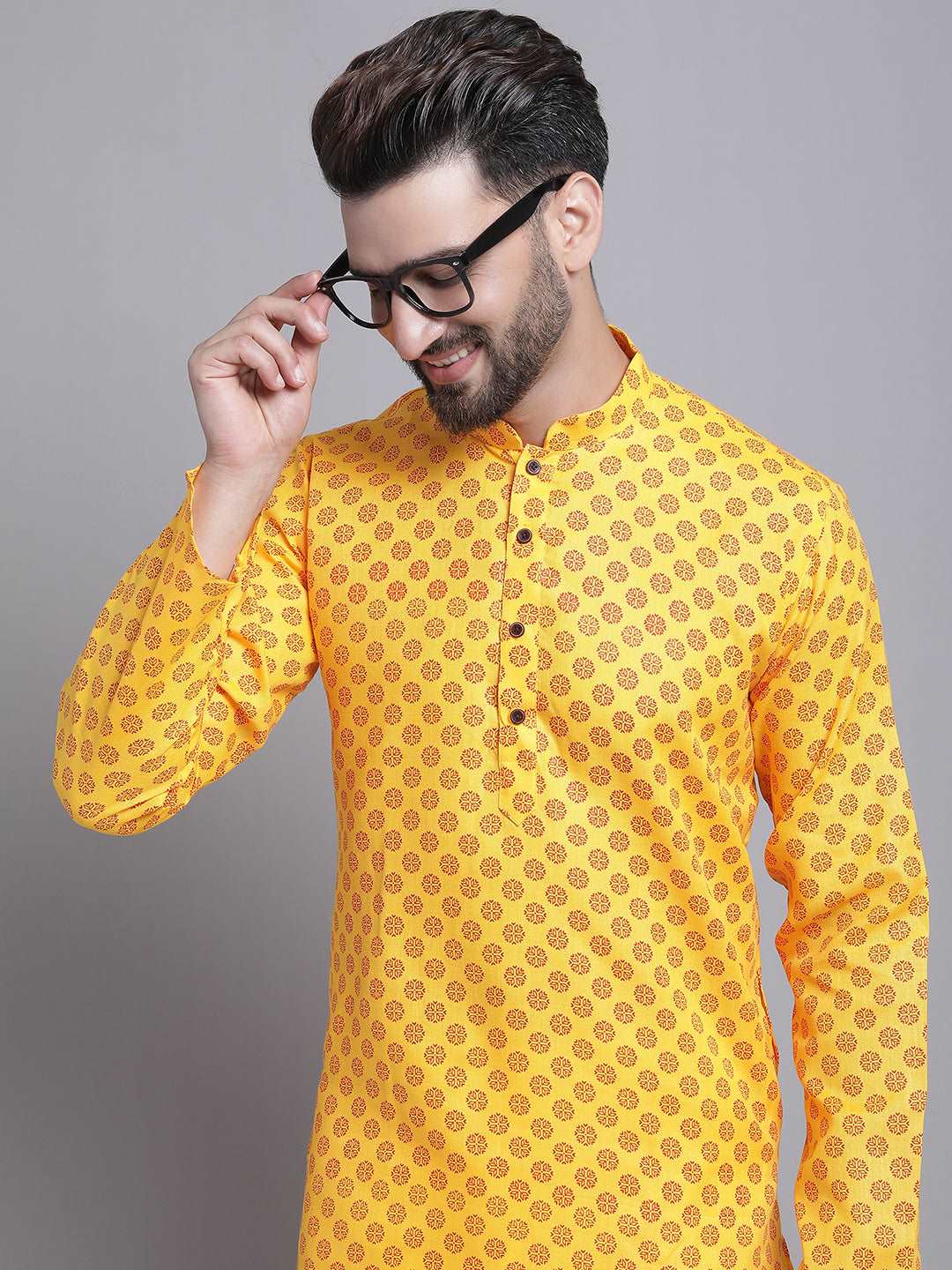 Men's Cotton Blend Regular Yellow Kurta With Pyjama.