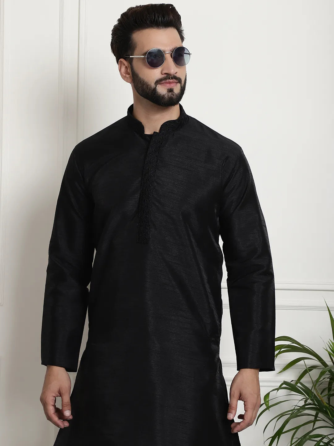 Timeless Chic Black Solid Plain Embroidered Kurta Pyjama Set for Men – Effortless Elegance in Classic Black