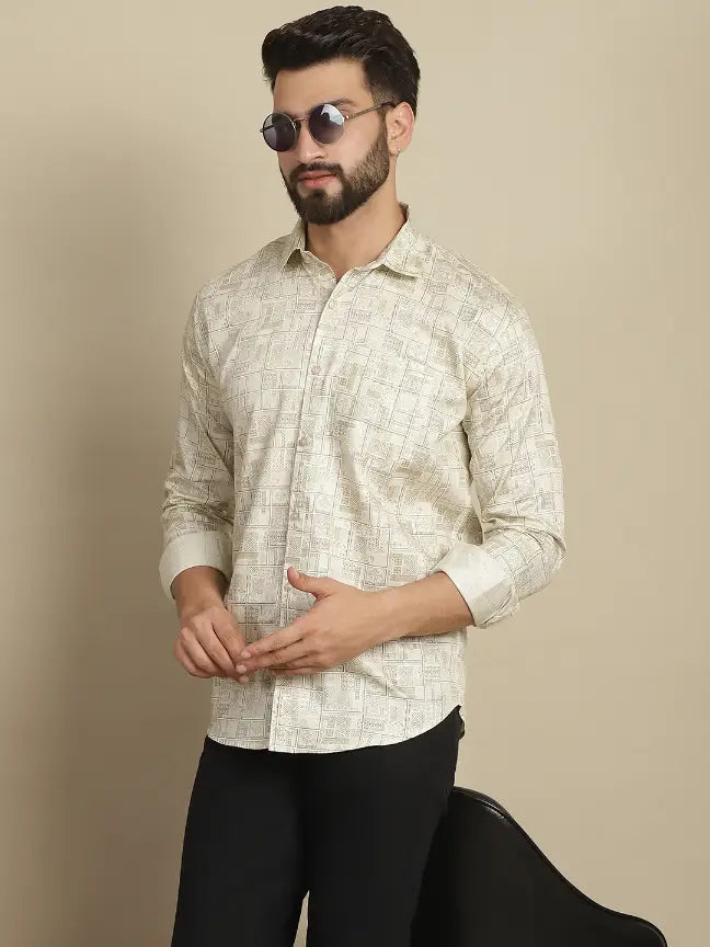 Satin Beige Pure Cotton Abstract Printed Casual Shirt for Men