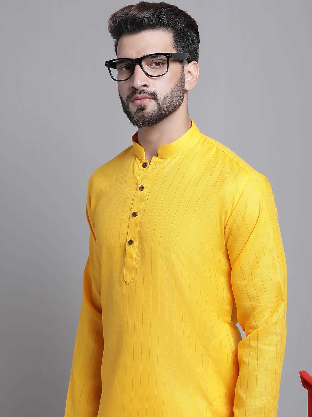 Men's Lining Cotton Regular Yellow Kurta With Pajamas.