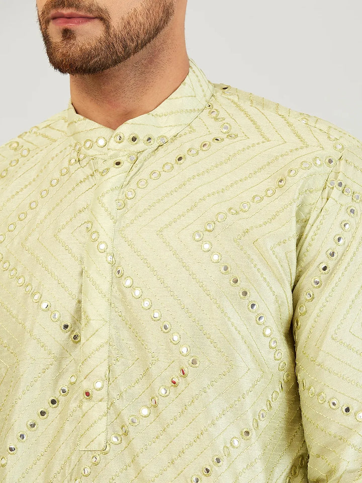 Pista Green Elegance Mirror Work Kurta for Men - Reflecting Style with Traditional Flair