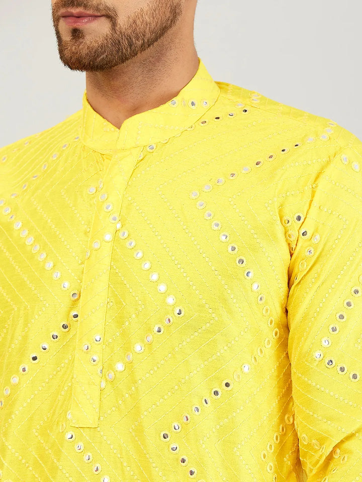 Sunny Radiance Yellow Mirror Work Kurta and Churidar Set for Men - Illuminate Every Occasion with Style