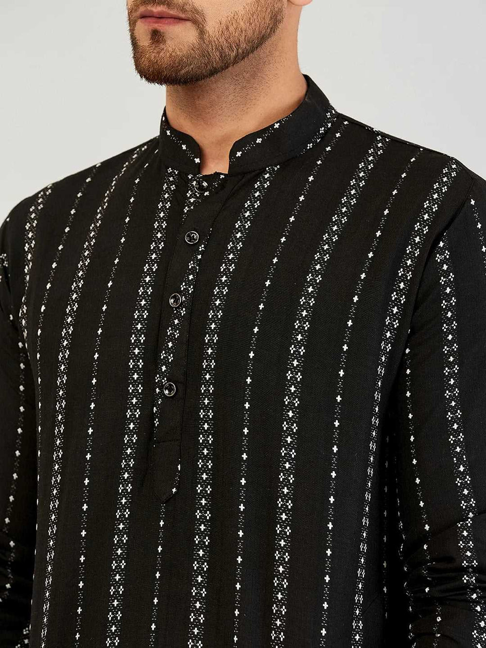 Men's Black Self Design Cotton Kurta Pajama Set