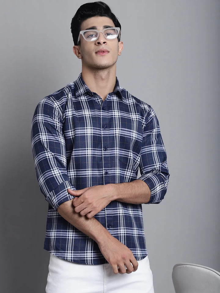 Men's Dark Blue Check Casual Cotton Shirt