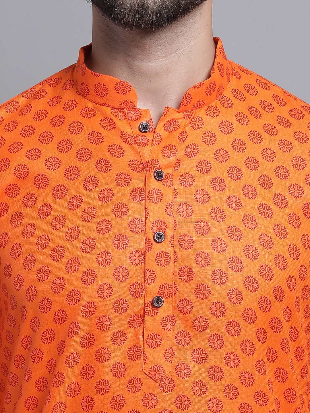 Men's Cotton Blend Regular Orange Kurta With Pyjama.