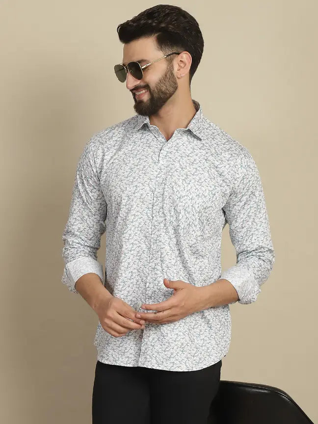 Satin White Pure Cotton Abstract Printed Casual Shirt for Men