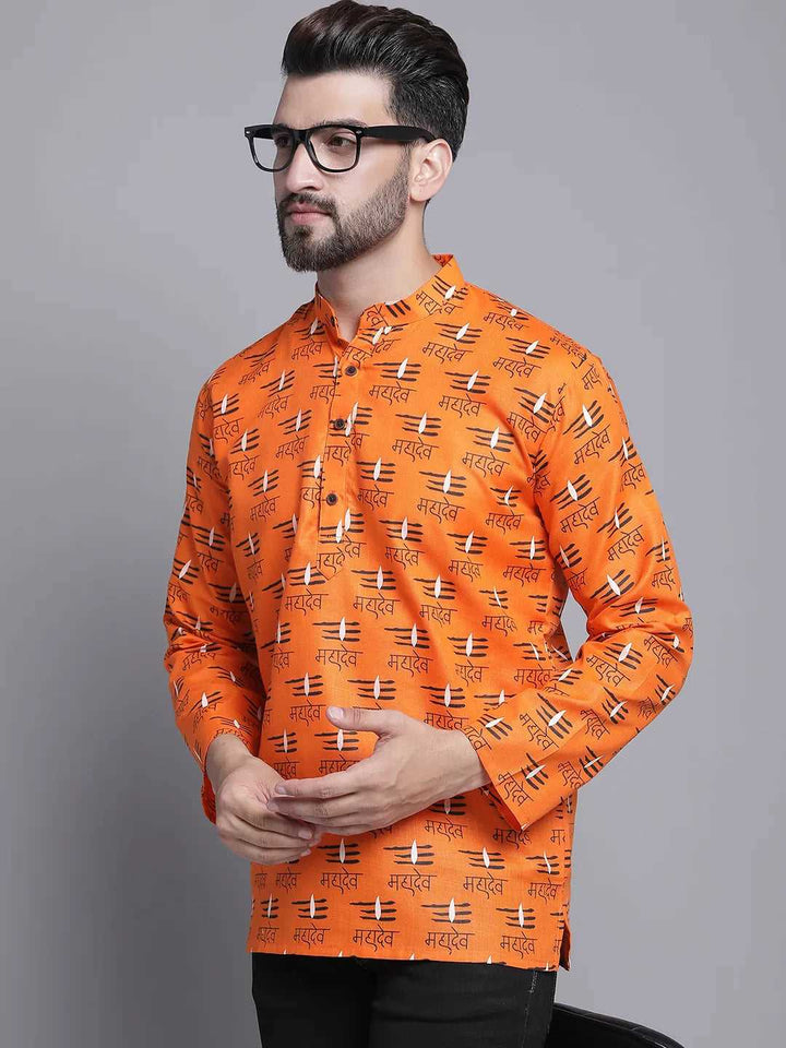 Divine Radiance Orange Mahadev Design Short Kurta for Men