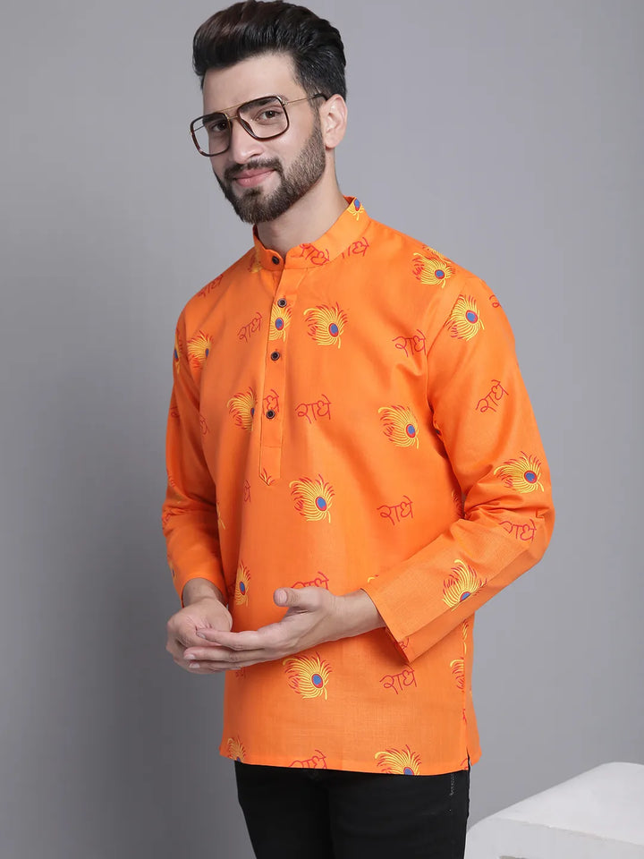 Orange Radhe Radhe Design Short Kurta for Men