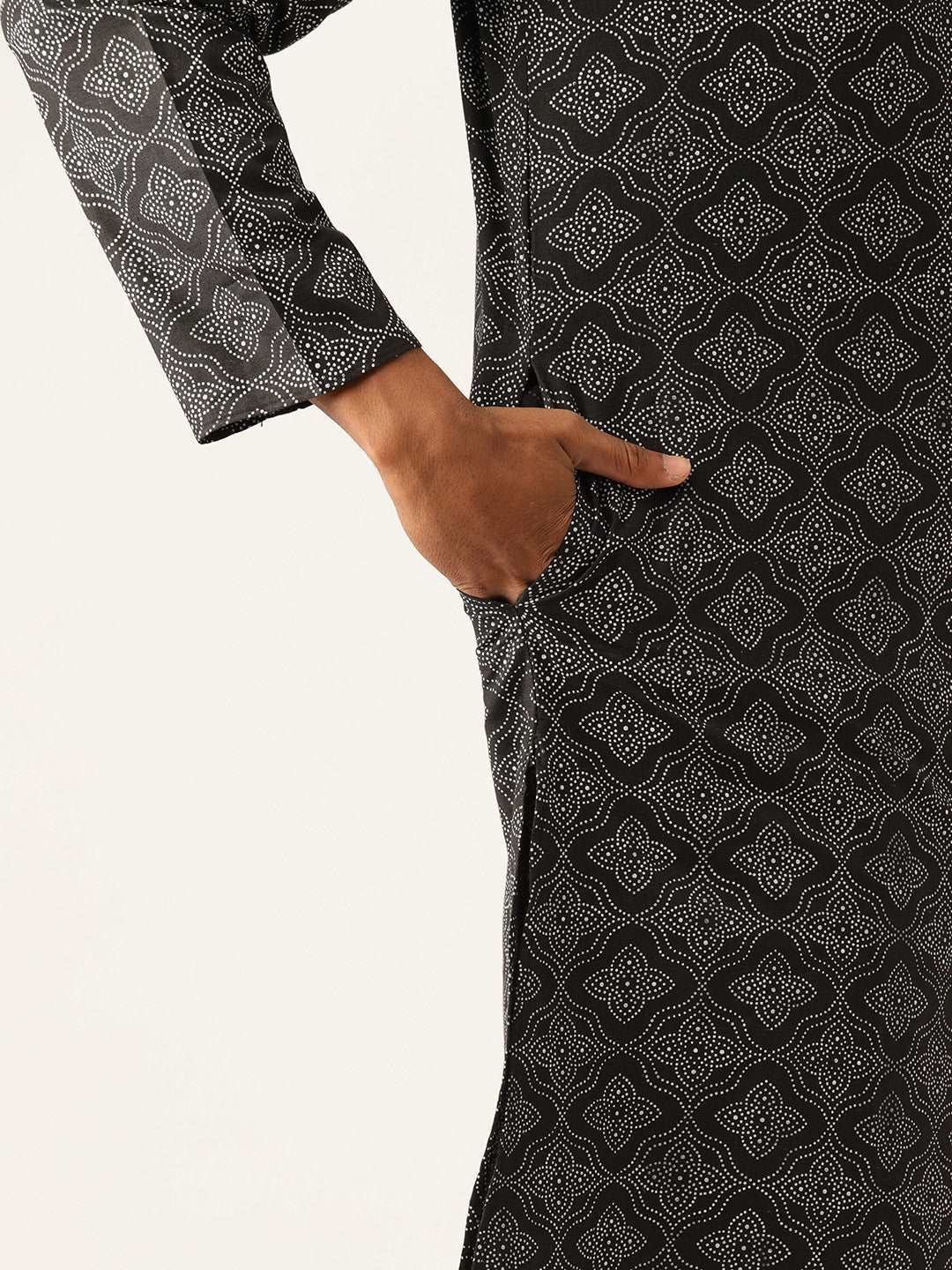 Block Printed Mandarin Collar Cotton Linen Black Straight Kurta