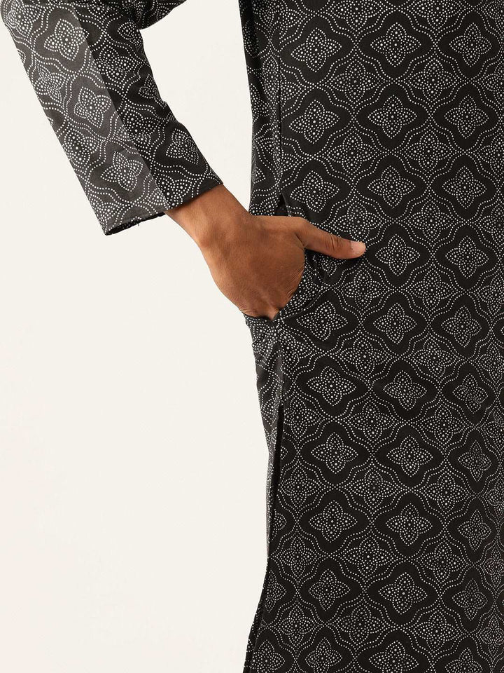 Block Printed Mandarin Collar Cotton Linen Black Straight Kurta