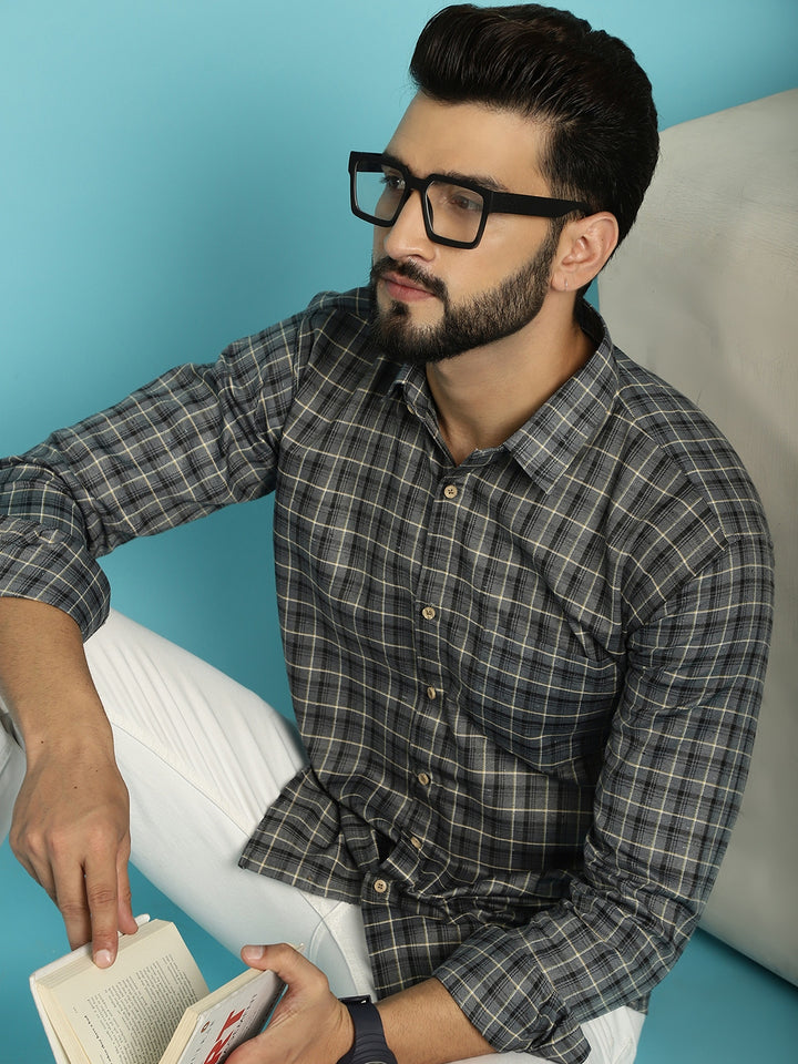 Sophisticated Elegance Discover Men's Checked Grey Cotton Shirts for Timeless Style