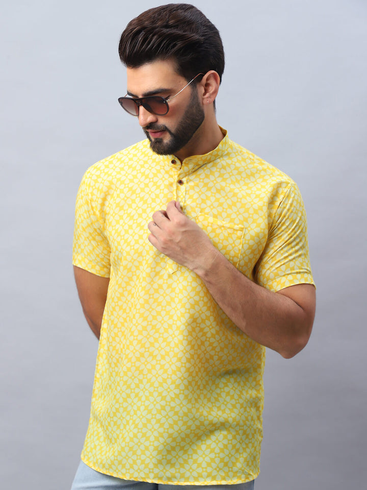 Yellow Floral Print Short Kurta for Men