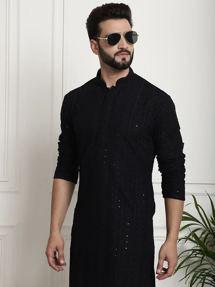 Men's Black Chikankari Embroidered & Sequence Kurta Pant Set