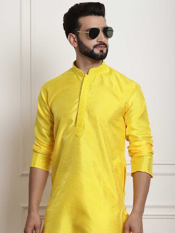 Yellow Solid Embroidered Kurta Churidar Pyjama Set for Men