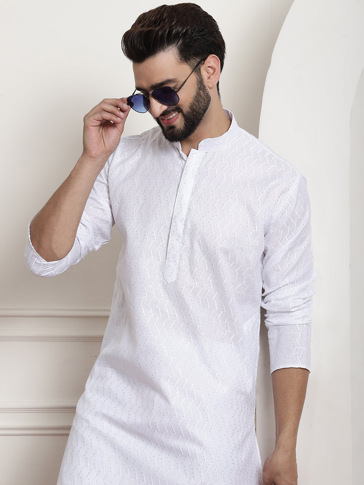 Men's White Chikankari Embroidered & Sequence Kurta