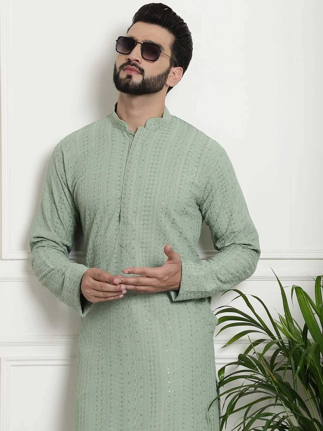 Men's Pista Chikankari Embroidered & Sequence Kurta Pant Set