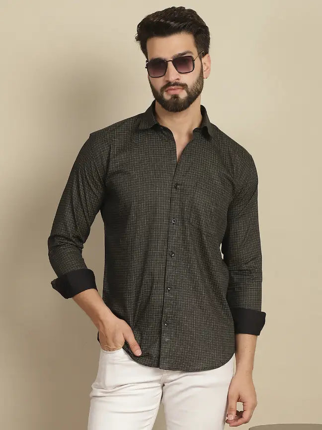 Black Pure Cotton Checked Casual Printed Shirt for Men