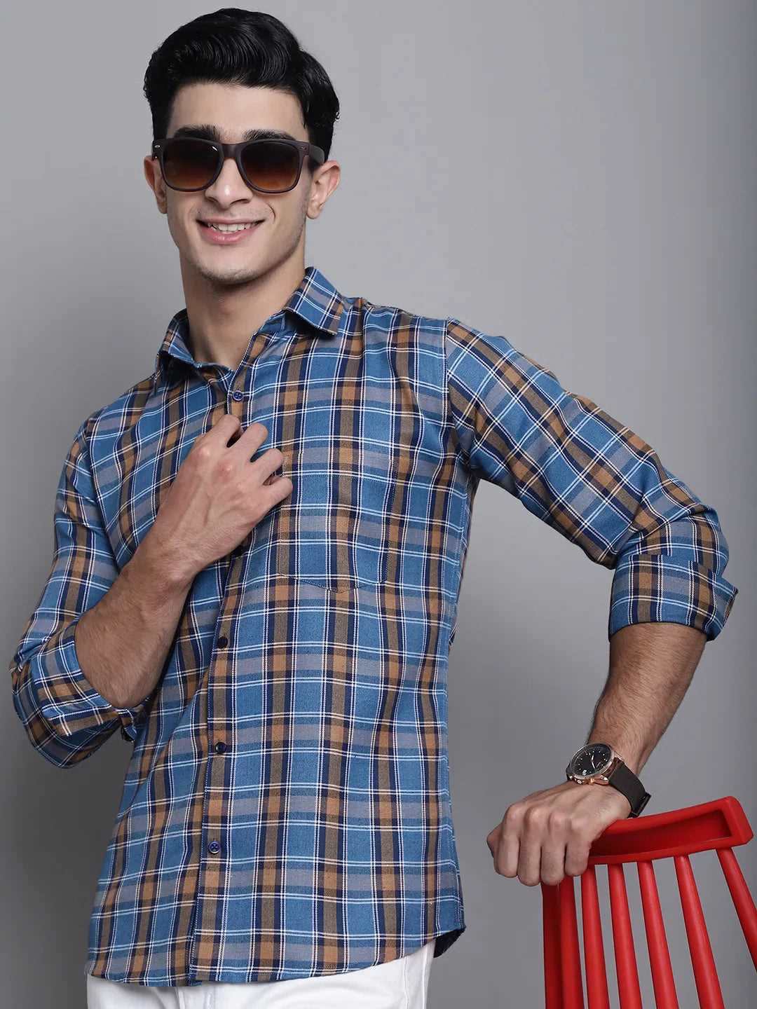 Effortless Cool Men's Blue Check Casual Cotton Shirt