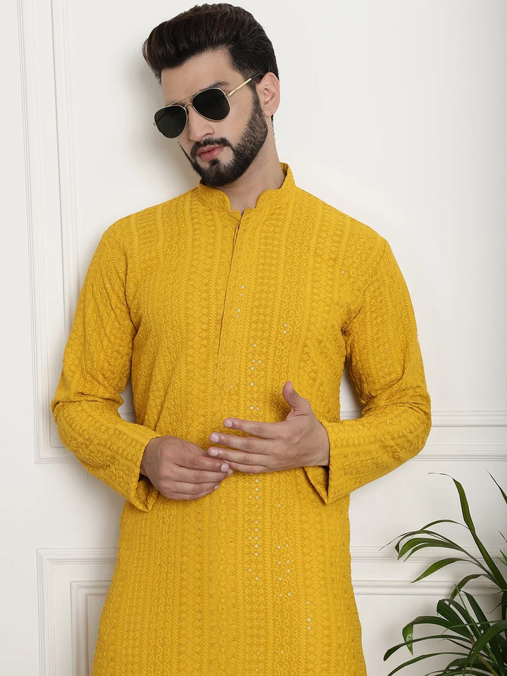 Men's Yellow Chikankari Embroidered & Sequence Kurta Pant Set