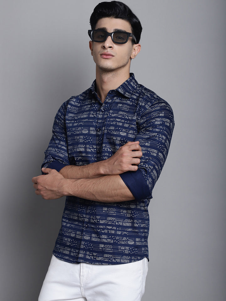 Understated Luxury Dive into Style with Our Dark Blue Printed Shirts for Men