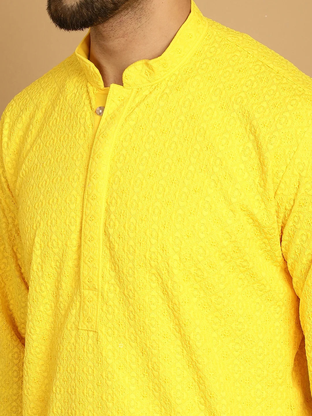 Men's Radiant Elegance: Yellow Rayon Sequence Kurta for a Vibrant Statement