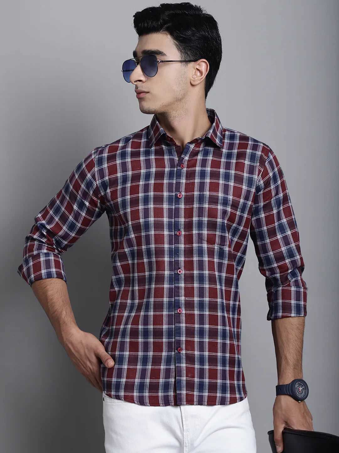 Bold Sophistication Men's Maroon Check Casual Cotton Shirt