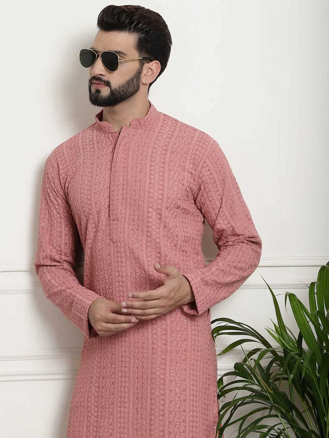 Men's Mauve Chikankari Embroidered & Sequence Kurta Pant Set