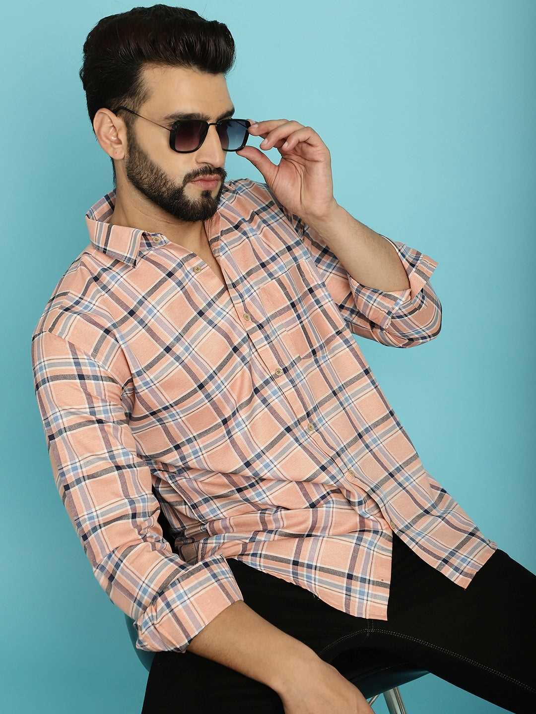 Men's Embrace Style with Our Peach Colour Check Shirt